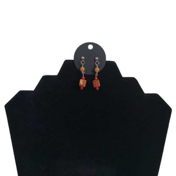Red Round and Orange Cube Beaded Post Backs Dangle Style Lightweight Earrings - Picture 1 of 11